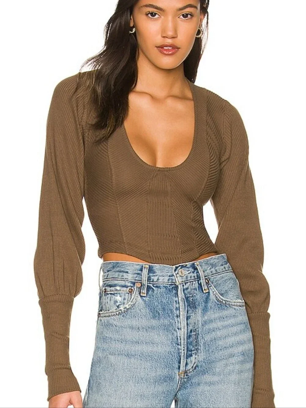 Free People Tortoise Brown Ribbed Scoop-Neck Crop Top Size XS